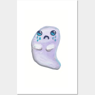 Hand Painted Halloween Kawaii Ghost Pattern on Violet Posters and Art